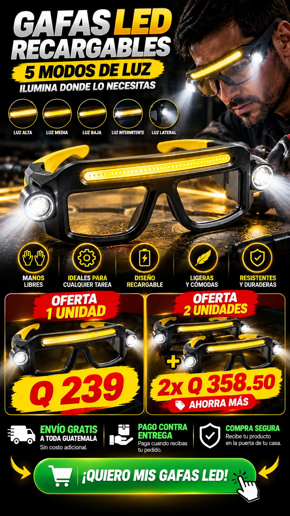 Gafas Led Recargables 5 Modo de Luz