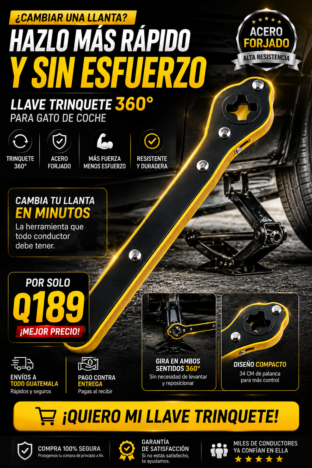 Llave Trinquete para Gato de Coche 360° en acero forjado
